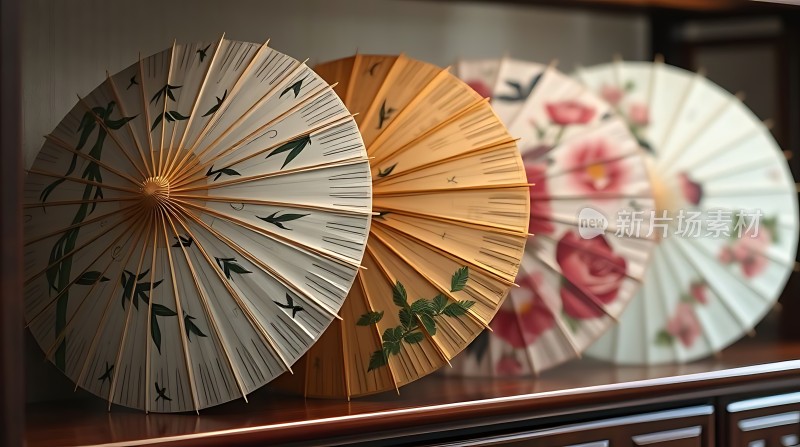 竹叶与花朵图案的美丽油纸伞展示