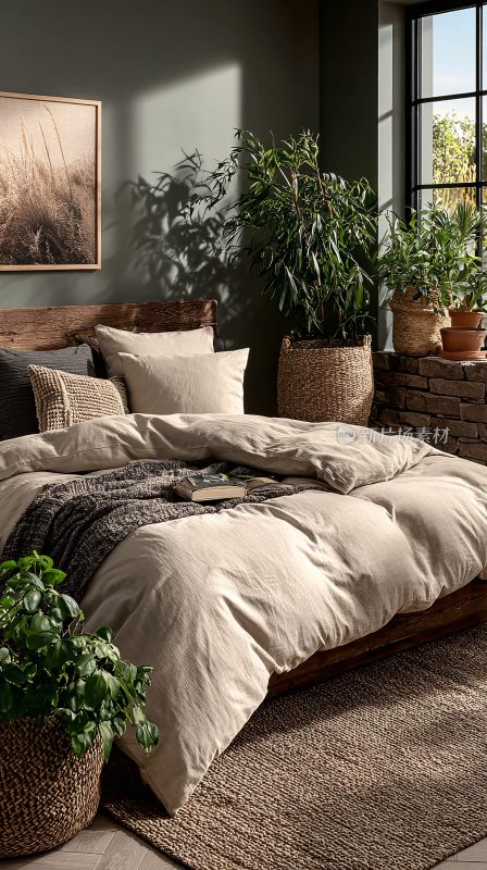 温馨卧室绿植环绕的床景