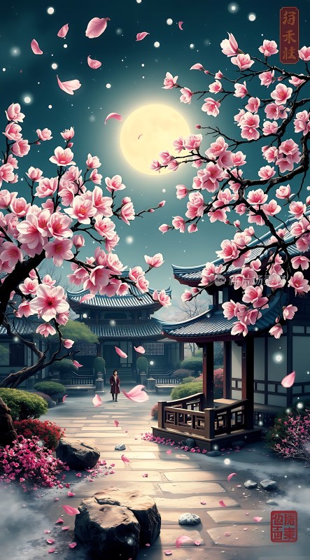 春夜月下樱花雨