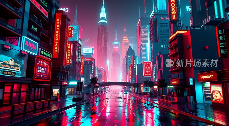 霓虹灯下的未来都市夜景
