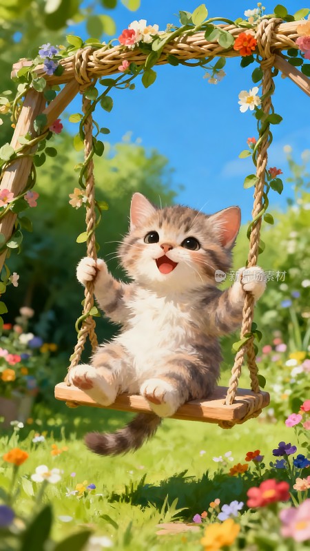 小猫荡秋千花园里玩耍