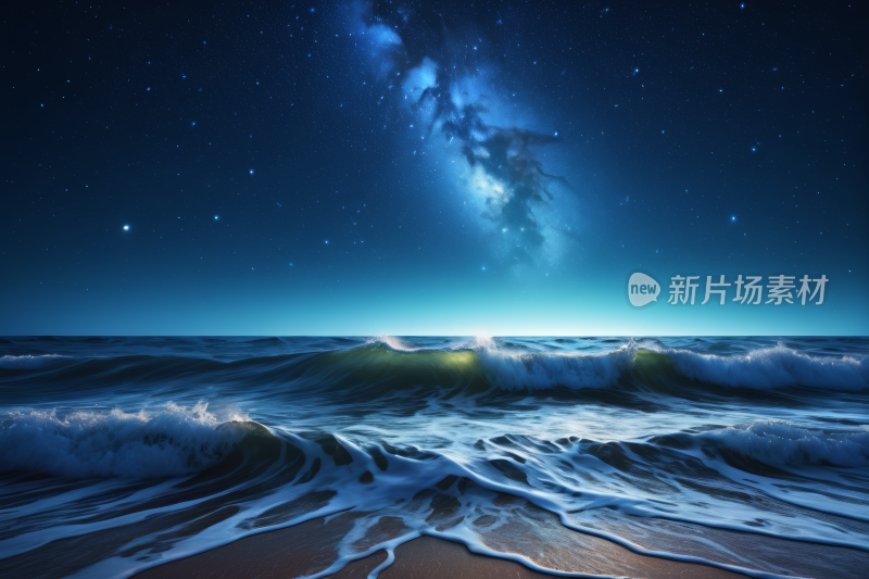 海洋上星空夜空有波浪和乳白色物体风景图片