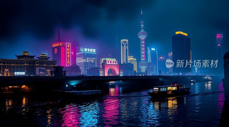 繁华都市夜景黄浦江畔璀璨灯光