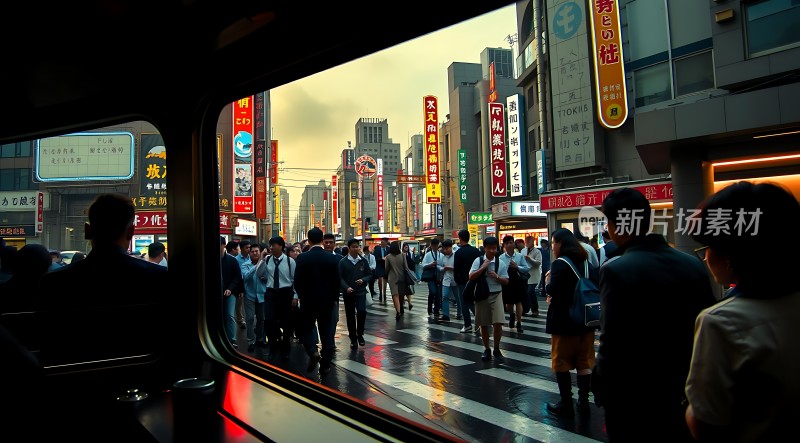 繁华都市街头人群熙攘霓虹闪烁车水马龙