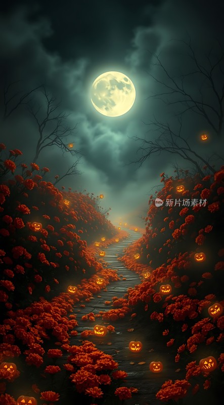 万圣节之夜南瓜灯与满月下的神秘小径