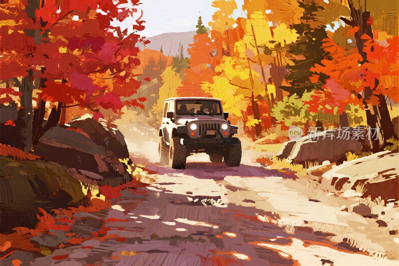 秋日越野吉普车行驶风景图