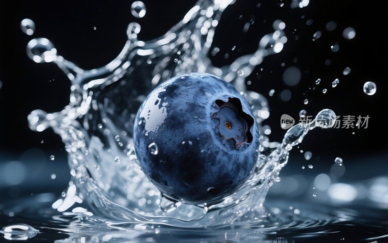 新鲜的蓝莓掉入水中