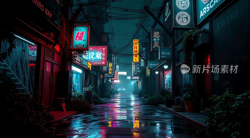 霓虹灯下的雨夜街头