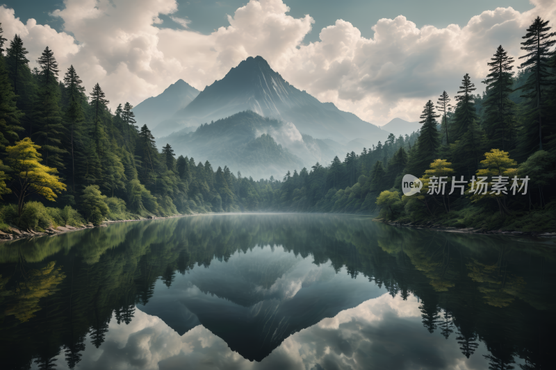 一座山一个湖高清风景插画图片