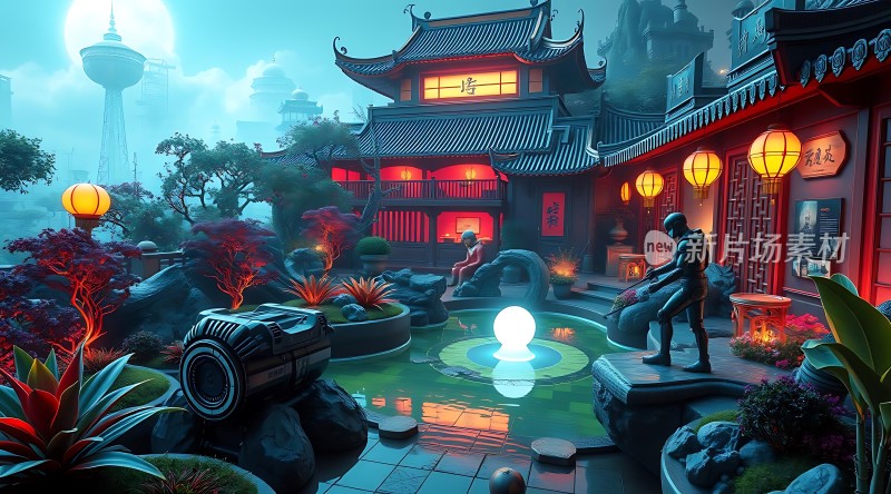 古风庭院夜色灯笼