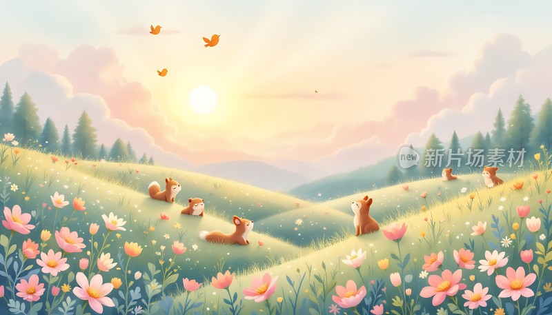 阳光下的草地上的小狐狸们