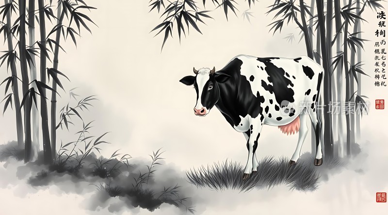 黑白奶牛漫步竹林间
