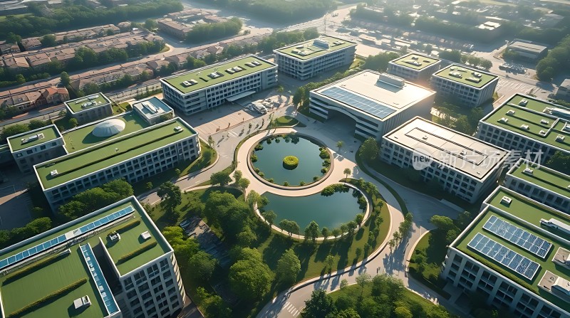 绿色建筑环绕中央湖景现代校园风光