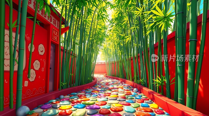 竹影斑驳彩色石径幽静小道