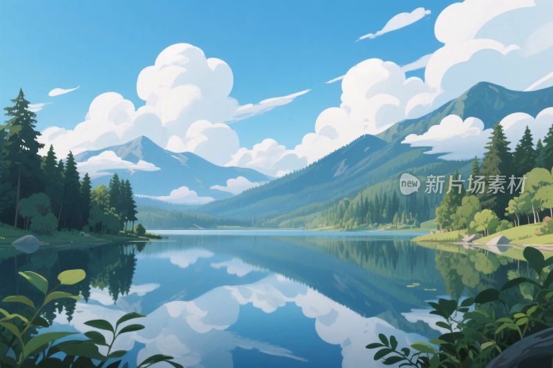 风景山水湖景插画