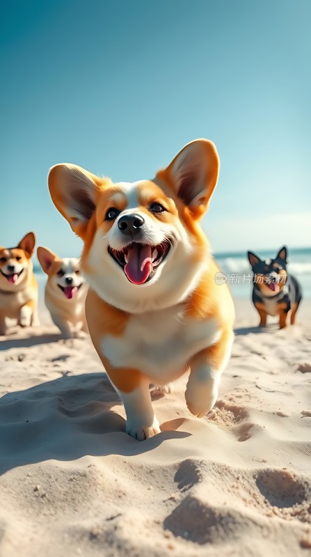 海滩上的快乐柯基犬群