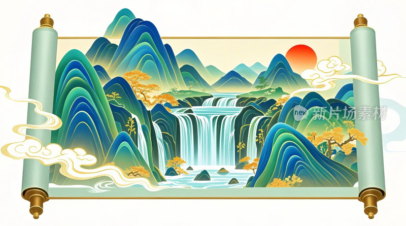 金色山水瀑布群山中国画卷装饰插画