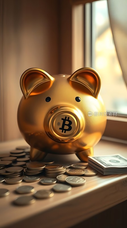 黄金比特币存钱罐与硬币和美元纸币的结合