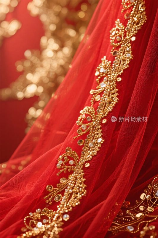 红色刺绣纱质布料特写