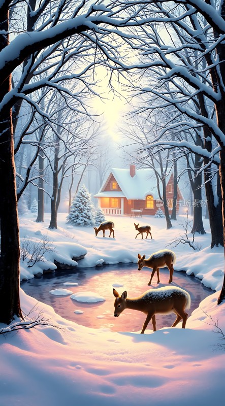 雪林鹿影小屋梦