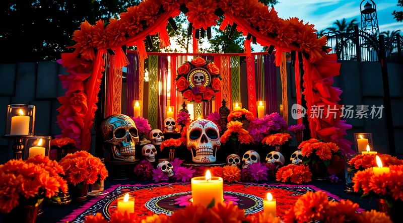 亡灵节祭坛蜡烛与骷髅共舞的花海