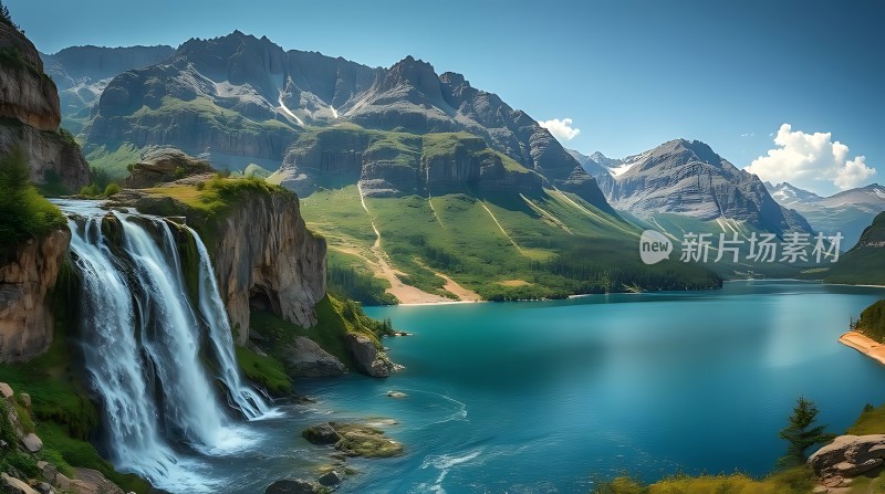 瀑布飞流直下碧波荡漾绿意盎然群山环绕蓝天白云映衬