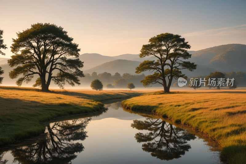 树木倒映在草地上的一条小溪中高清风景图片