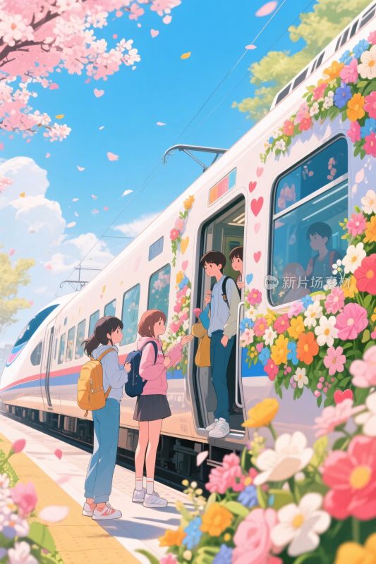 樱花列车少女插画