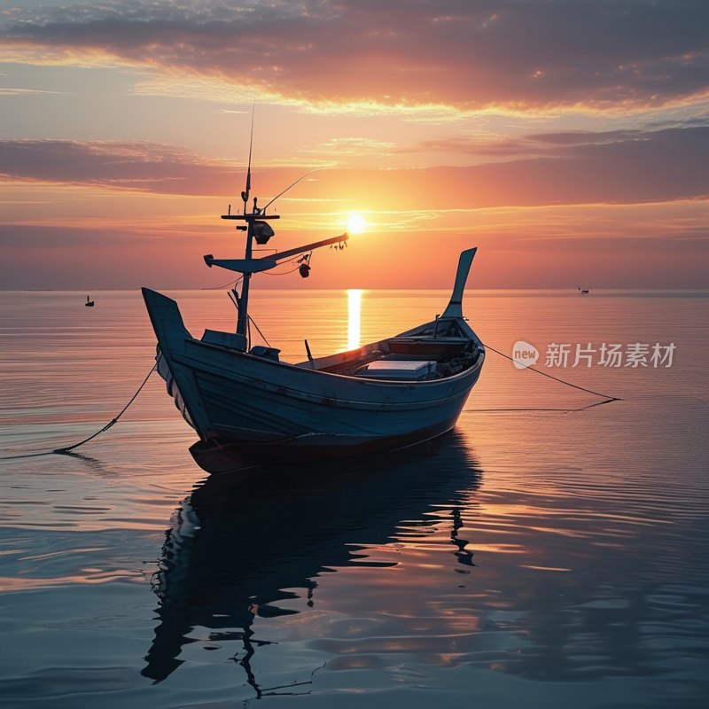 渔船日落映海面