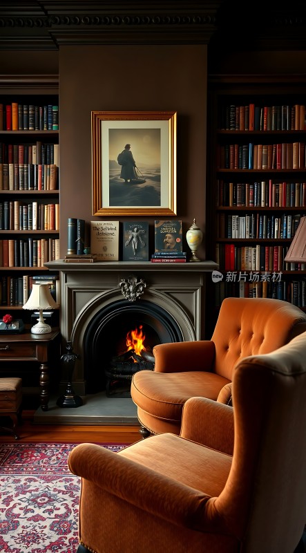 书架环绕的书房壁炉旁的橙色沙发椅