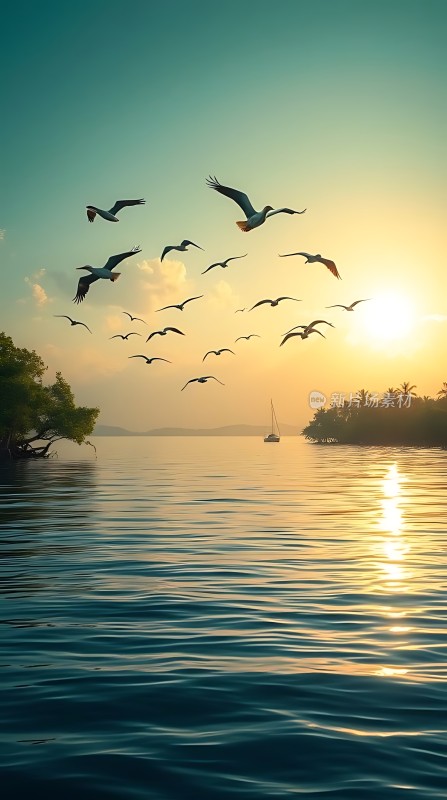 海鸥翱翔日落时分