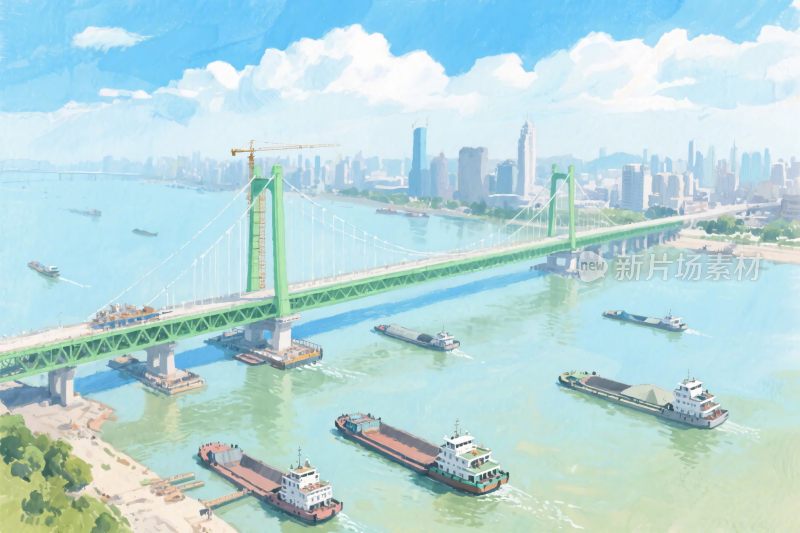 城市跨江大桥插画景观