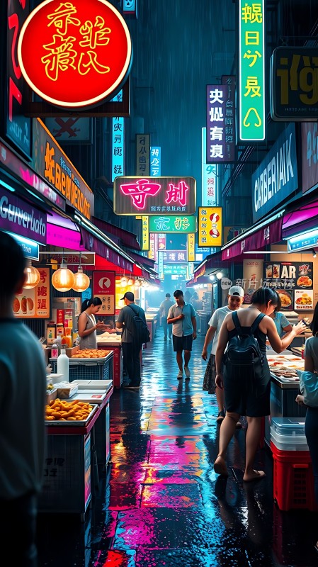 霓虹灯下的夜市繁华景象