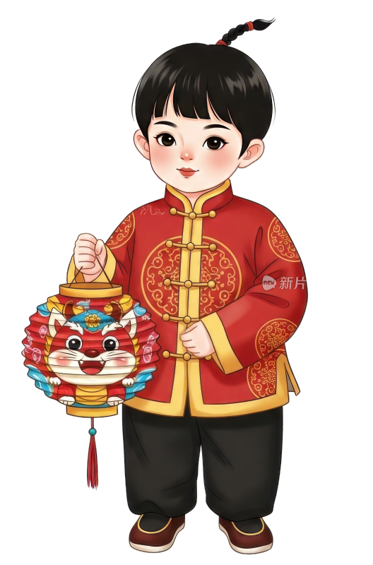 拿着灯笼的喜庆中国儿童插画