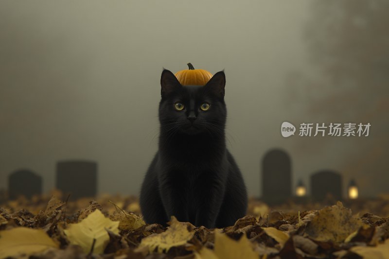 头戴南瓜的黑猫在墓地场景