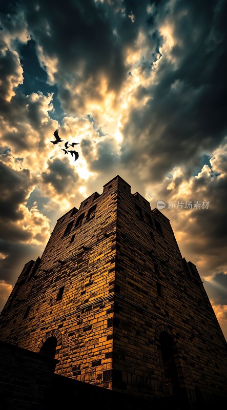 古城夕照飞鸟翱翔