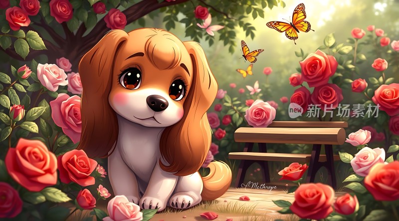 玫瑰园里的可爱小狗