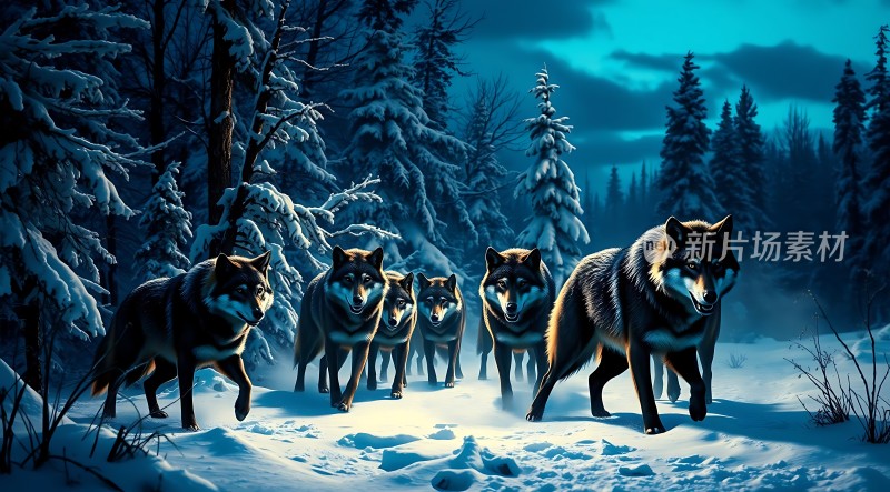 雪夜狼群森林中的神秘之旅