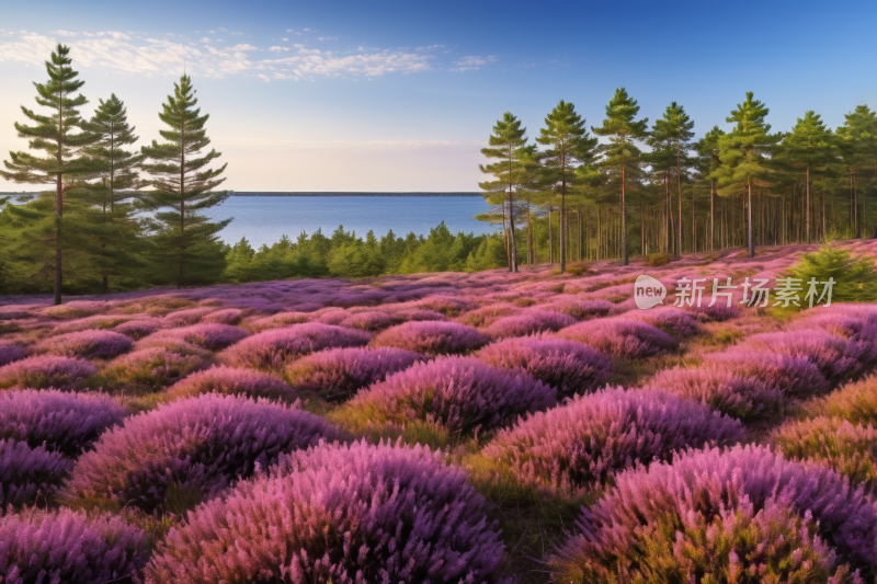 薰衣草田松树和湖泊高清图片
