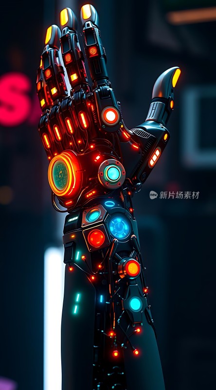 机械手臂科技感十足未来主义风格色彩鲜艳细节丰富