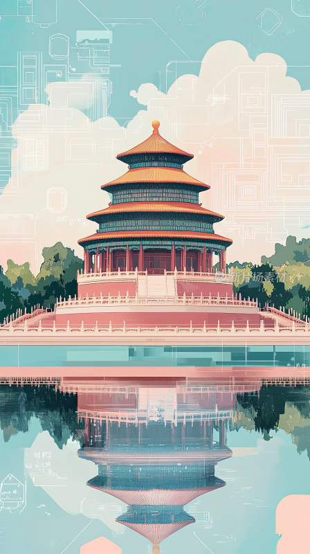 现代与古典天坛建筑倒影插画插图