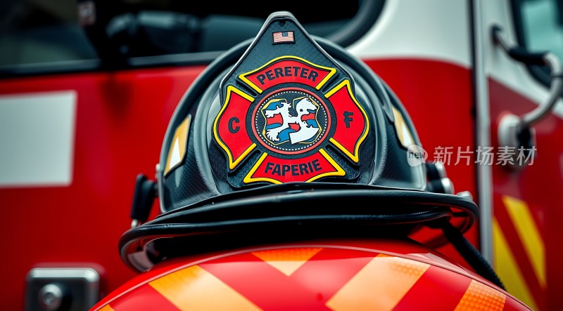 消防员头盔与红色车辆