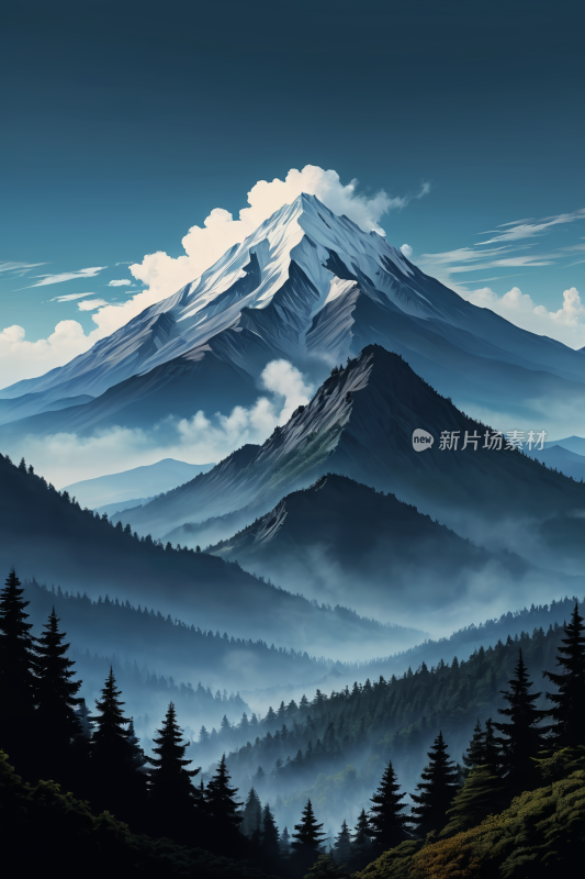 山上一座白雪皑皑山峰还有几棵树高清插图片