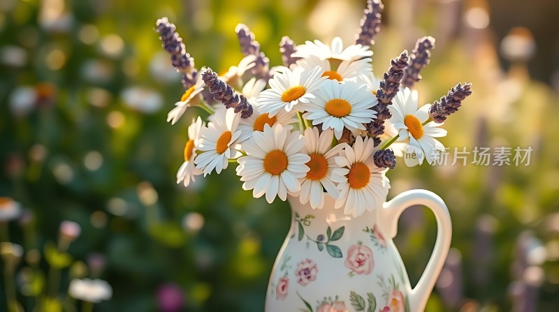 阳光下的花瓶与雏菊