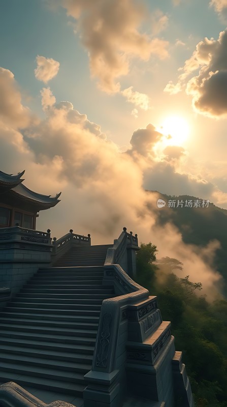 晨曦中的古寺云雾缭绕