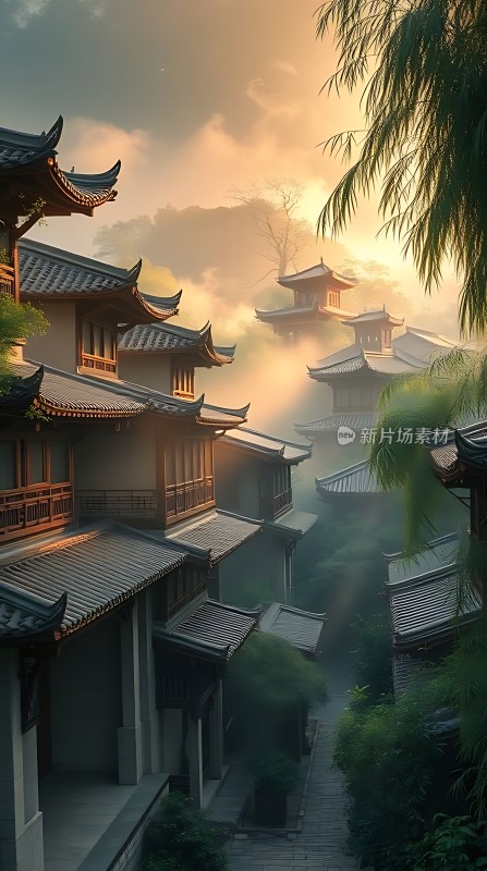 古风建筑群阳光透过云层洒落绿树环绕宁静而美丽