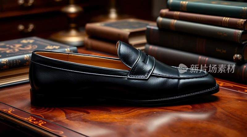 黑色皮鞋与书籍的结合展现优雅与智慧