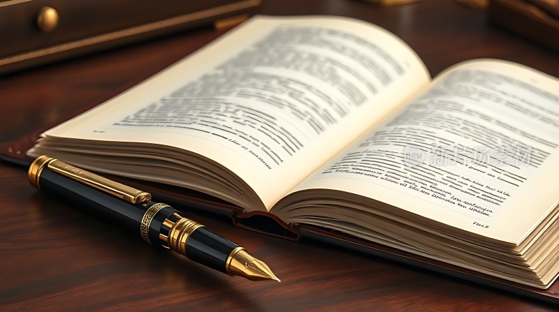 书桌上的一本打开的书和一支钢笔