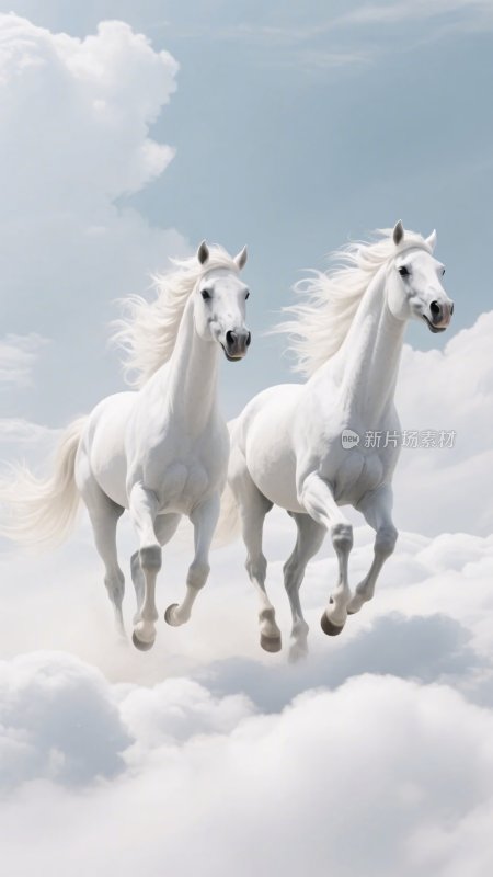 两匹白马在云端奔腾