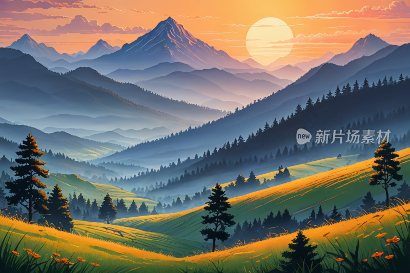 日落山脉高清风景插画图片